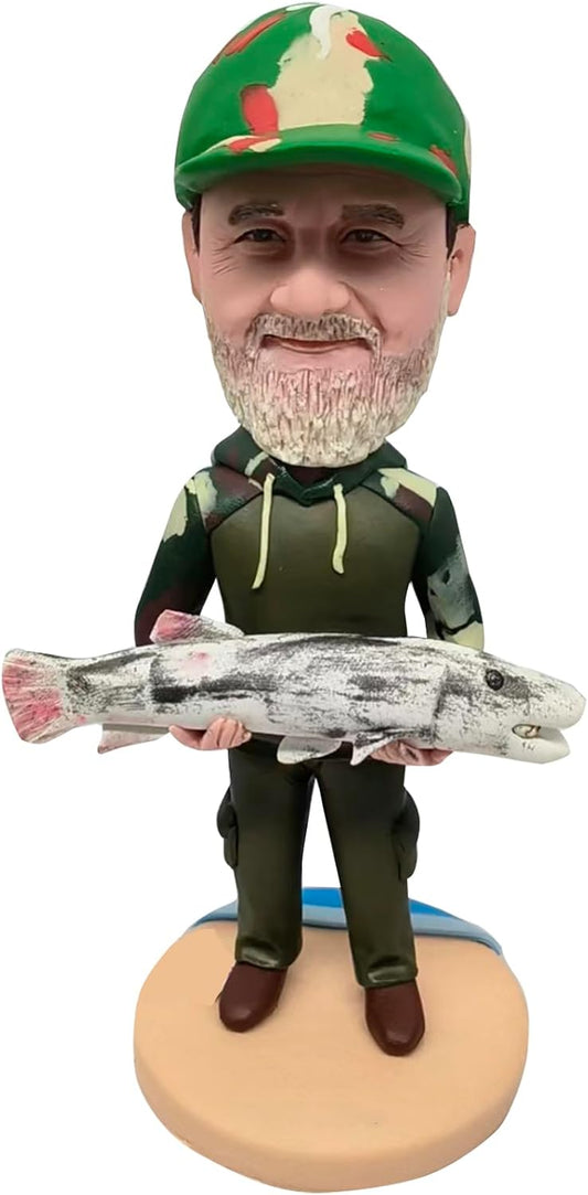 Bobble-Heads Figurine Customized Doll, Fisherman in Black Hoodies Doll, Custom Bobblehead Fishing